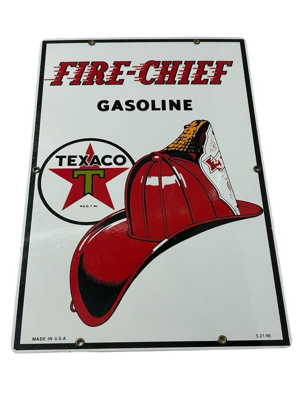 Vintage Texaco Fire Chief Porcelain Gas Pump Sign 5-21-90 Made in USA Heavy